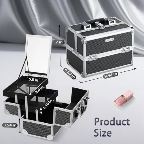 FRENESSA Makeup Case Organizer Cosmetic Box Storage Portable Makeup Train Case with Mirror 2 Trays Travel Vanity Box for Cosmetics Nail Kits Craft Tools Case Aluminum Hard Make Up Organizer Black