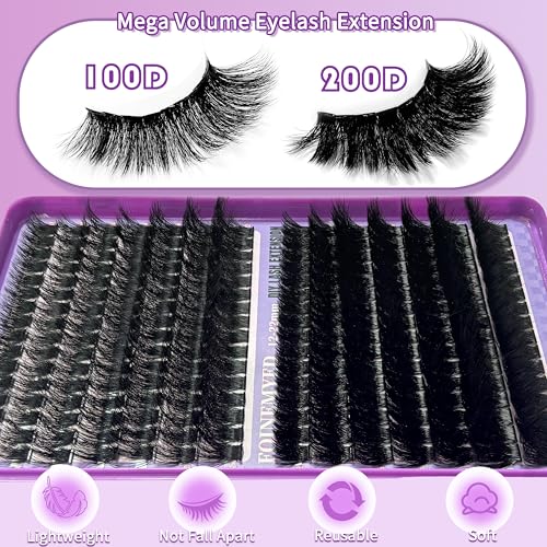 Lash Clusters Kit 100D+200D Thick Volume Eyelash Clusters Kit 12-22mm Long Cluster Lashes Eyelash Extensions Kit Individual Clusters Lashes Kit DIY at Home D Curly Lash Extension by FOINEMYED