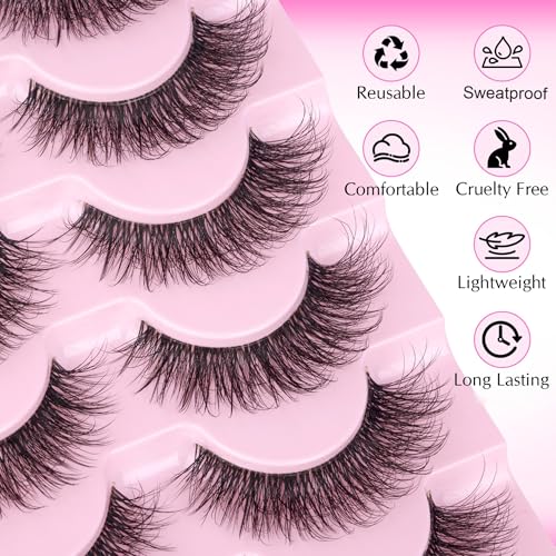 Mink Lashes Wispy False Eyelashes Clear Band Fake Strip Lashes Natural Look 18 mm Cat Eye Eyelashes Pack Pesta?as Postizas Naturales Soft 3D Lashes, 7 Pairs