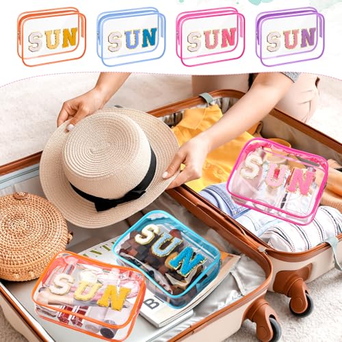 Kacctyen 8 Pcs Clear Sun Makeup Bag Bulk Summer Beach Sunscreen Pouch Waterproof Toiletry Cosmetic Zippered Organizer with Preppy Chenille Letter Patch for Women Girls Beach Pool Vacation Gift