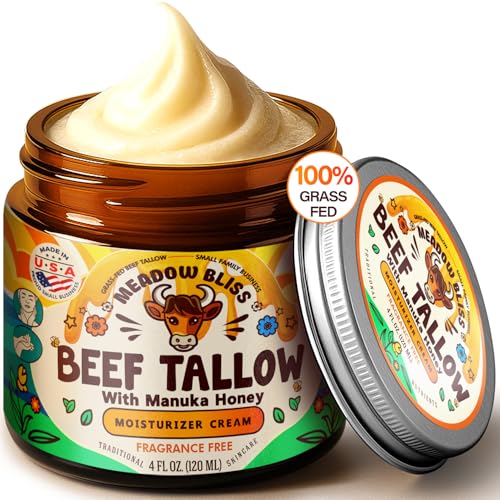 Beef Tallow for Skin - Moisturizer Cream - 100% Grass Fed - Whipped Beef Tallow - Manuka Honey - Organic Jojoba Oil, Shea Butter - Supports Eczema, Rosacea - USA - Fragrence Free - 4 oz