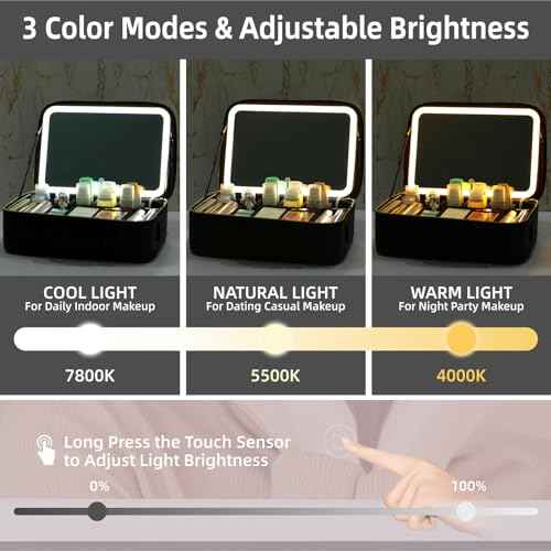15¡°¡¿11¡°Professional Makeup Train Case,Large Waterproof Travel Makeup bag with Mirror and Light, Leather Black Make up Bag with Mirror and Light,Led Makeup Case with Adjustable Dividers