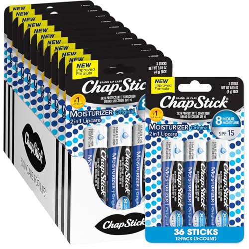 ChapStick Lip Moisturizer, Original 2-in-1 Lipcare SPF 12 3-Packs (12 Sets/36 Tubes) ? Bulk Lip Balm, New Formula, 0.15 Oz Ea