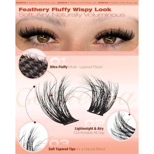 Geeneiya Fluffy Lash Clusters Wispy Eyelash Clusters, 8-16mm Natural Lashes Clusters, C Curl Cluster Eyelash Extensions, Natural Look Lash Extension for Beginners