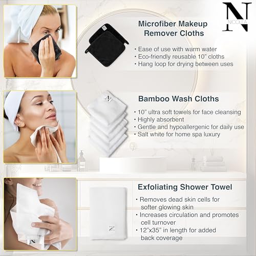 NICOLEA 100% Organic Bamboo Facial Cloths & Skincare Set - 8 Piece Luxury System: 5 Bamboo Viscose Facial Towels, 2 Microfiber Makeup Remover Cloths & 36¡± Exfoliating Shower Towel ? Premium Skincare
