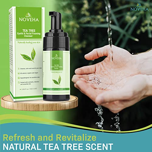 NOVEHA Tea Tree Oil Foaming Gentle Cleanser | Therapeutic Daily Skincare For Eyelash & lids, Eye Irritations, Stye Eyes, Skin Dryness, Moisturize with Organic Ingredients, All Types, 3.38 Ounce