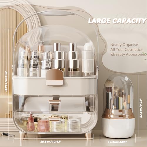 Makeup Organizer Countertop, Makeup Brush Holder with Lid & Drawers, Bathroom Vanity Organizer and Storage, Make Up Organizer for Vanity, Skincare Organizer Gifts for Girls, Wife, Mom