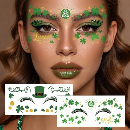 28 Sheets Saint Patrick Face Temporary Tattoo, Green Shamrock Lucky Four Leaf Clover Waterproof Fake Tattoos Face Makeup Freckles Patches For Women Girls St. Patrick's Day Festival Party Supply