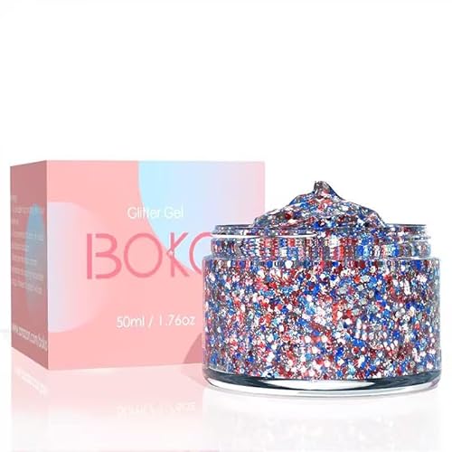 Boko 50ML Body Glitter Gel, Red White Blue 4th of July Chunky Glitter for Face Hair Body Makeup, Patriotic Glitter for USA Independence Day Memorial Day Veterans Day Flag Party Rave Accessories