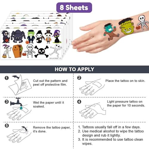 Halloween Temporary Tattoos Stickers for Kids Funny Halloween Themed 96PCS Birthday Party Supplies Favors Funny Cool Super Cute Fake Tattoos Party Decorations Boys Girls School Rewards Gifts