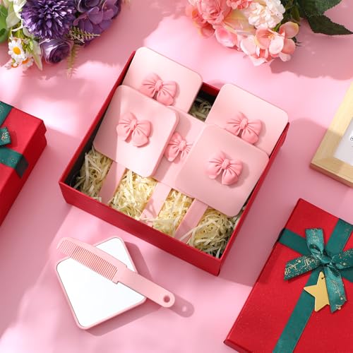 Amyhill 24pcs Coquette Pink Bow Party Favor, Handheld Mirror Bulk for Women Birthday Bridal Shower Graduation, Pocket Small Mini Hand Held Extendable Mirrors for Bag