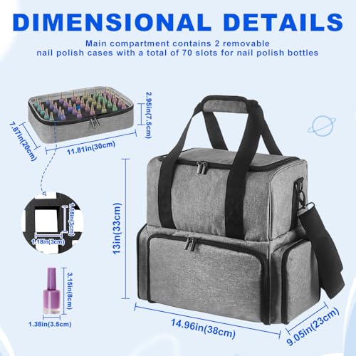 Nail Polish Organizer Case, Nail Kit Bag, Holds 70 Bottles, 2 Removable Pouches and Tool Storage, Nail Polish Carrying Case Gift for Manicurists, Grey