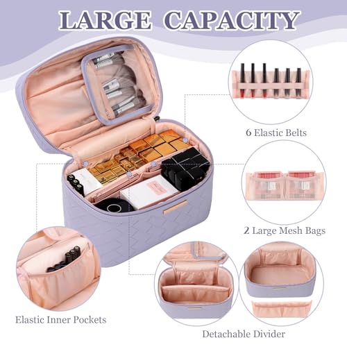 Dajasan Makeup Bag, Travel Cosmetic Bag for Girls Women, Large Capacity Makeup Organizer Case, Travel Toiletry Bag, PU Leather Waterproof 11.81 x 6.7 x 7.09 Inch (Purple)