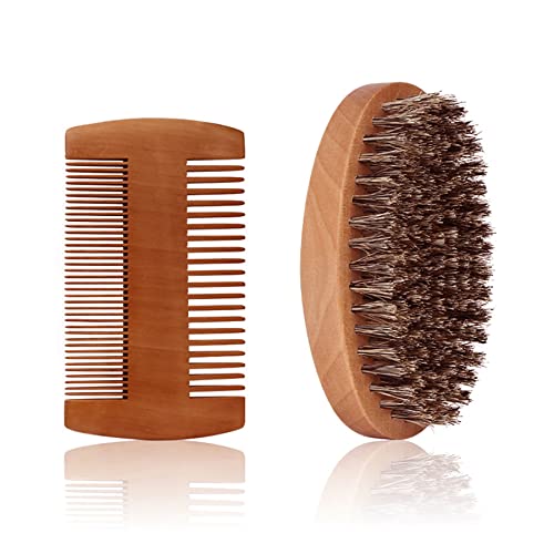 Fan Wu Beard Brush and Dual-Sided Wood Comb Set ? Natural Boar Bristle Grooming Kit with Velvet Travel Pouch, Anti-Static for Beard, Mustache & Hair ? Gift for Men
