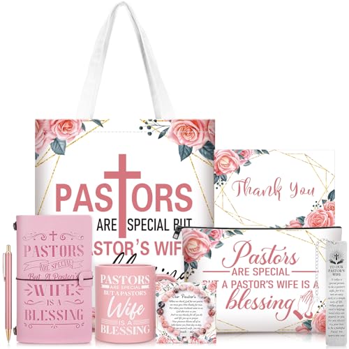 8 Pcs Pastor's Wife Appreciation Gifts Set Includes Leather Journal Pen Handbag Makeup Bag Mug Natural Stone Bracelet Bookmark Christian Faith Religious Gifts Mother's Day Thank You Gift