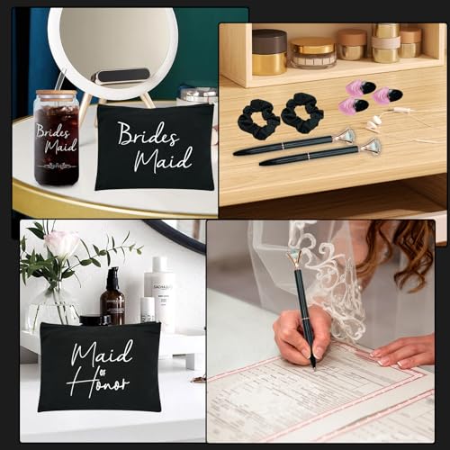 42 pcs Bridesmaid gifts bridesmaid proposal gifts, Maid of Honor Gifts contain 16oz Glass Cups Cosmetic Makeup Bags Invited Cards Scrunchies Hair Knotted Bracelets Diamond Pens love clip (Black )