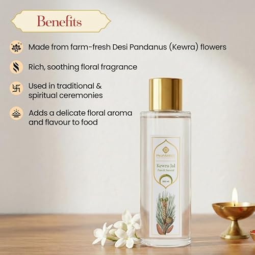 Pujashree Pure Kewra Jal - 100ml Glass Bottle with Spray Pump | Organic & Natural Kewra Water | Face Toner for Skin & Face Glow | Kewda/Kevda/Keora Water for Cooking Flavour Essence