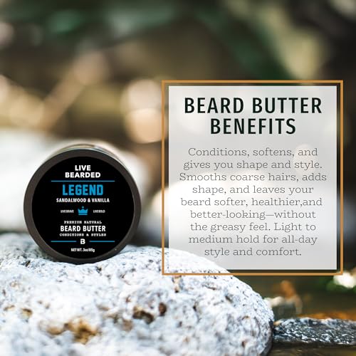 Live Bearded Beard Butter, 3 fl oz - Made in the USA - All-Natural Leave-in Conditioner and Softener with Shea | Legend Scent - Sandalwood, Vanilla