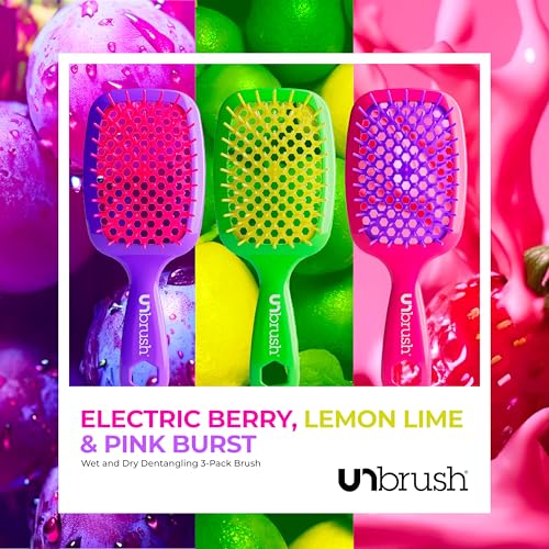 FHI Heat UNbrush Detangling Brush (3-Pack Bundle) ? Hair Brush for All Wet/Dry Hair Types ? Pain-Free Detangler Brush w/DuoFlex Anti Static Bristles ? Lightweight Travel Hair Brush (Neon Collection)