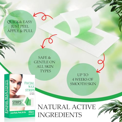 Facial Wax Strips for Hair Removal, Wax Strips for Face, 60PCS Hair Removal Waxing + 3 Calming Oil Wipe, Upper Lip, Chin, Eyebrow, Armpit, Bikini Line, Face Waxing Kit for Women, Long-Lasting Results
