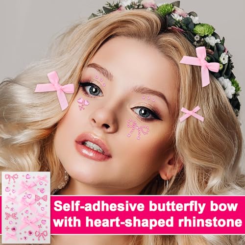 2 Sheets Bow Heart Face Gems Stickers, Bling Self-Adhesive Face Jewels for Women, Mini Rhinestones Makeup Stickers for Wedding Dating Festivals Paties- Pink