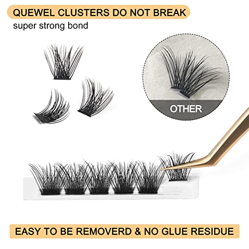 QUEWEL Cluster Lashes 72 Pcs Wide Stem Individual Lashes C/D Curl 8-16mm Length + Lash Bond, Black Cluster Eyelash Glue For DIY Eyelash Extensions