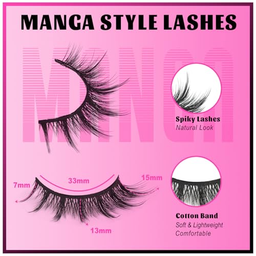 Veleasha Lashes Manga Eyelashes Cat Eye Lashes Spiky Eyelash C Curl Lash Wispy Natural Look False Eyelashes with Soft Cotton Band 7 Pairs Pack (Sunny)