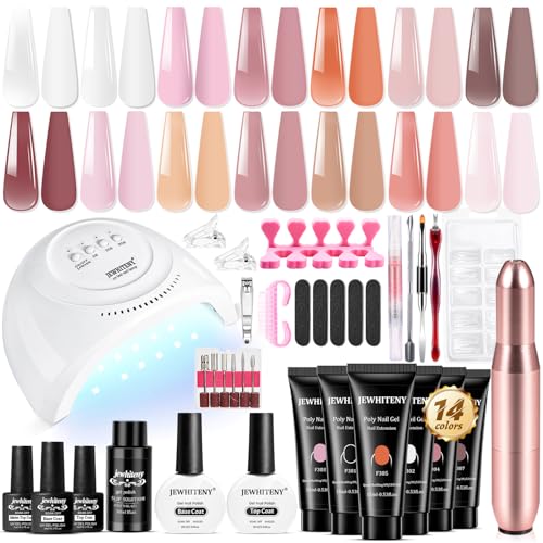 JEWHITENY 14PCS Poly Gel Nail Extension Kit With 2 Bottles 10ML Gel Top Coat and Base Coat Set