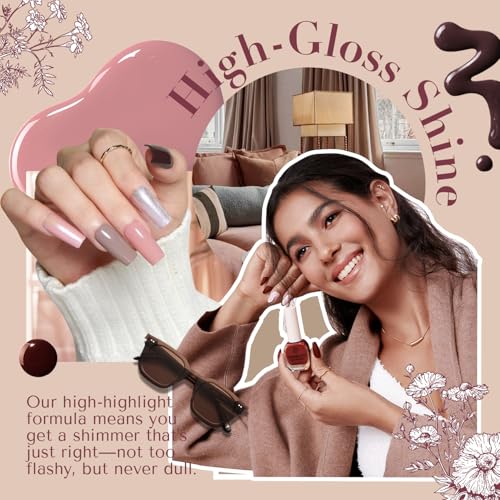 AZUREBEAUTY Nail Polish Set 4 Colors Fall Winter Brown Pink Glitter Nail Polish Quick Dry Natural Nail Lacquer Fingernail Kit with Top Coat DIY