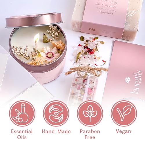 Birthday Gifts for Women ? Luxury Candle Set & Bath Sets Spa Basket, Small Orchid & Jasmine Self Care Box, Gift Basket for Mom, Wife or Friend
