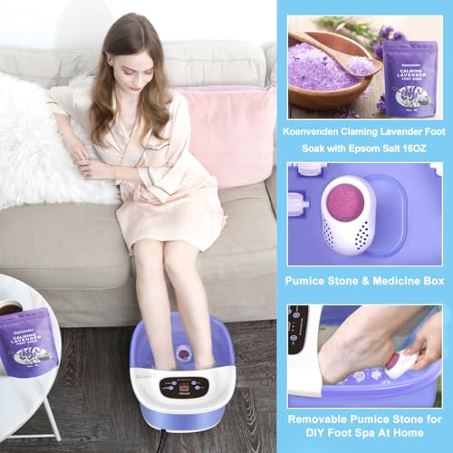 Foot Spa Massager with Heat, Bubbles & Vibration, 22 Rollers, Red Light, Adjustable Temp - Includes Lavender Epsom Salt - Purple