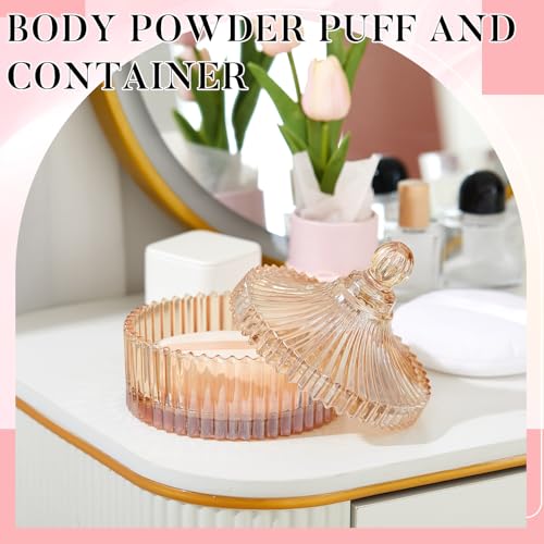 Tioncy 3 Pcs Extra Large Body Powder Puff and Container 5.43'' Glass Body Container with 5.12'' Powder Puff Glass Jar for Women's Talcum(Classic,Amber)