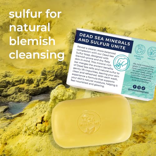 Natural Elephant Dead Sea Sulfur Soap 4.4 oz with Dead Sea Salt, Aloe Vera, Sulphur Face and Body Cleanser Bar for All Skin Types (10 Pack (44 oz Total))