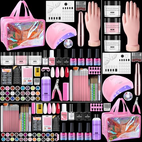 Nail Kit for Beginners with Everything: Professional Nail Kit Acrylic Set with Practice Hand Drill U V Light Gel Polish in Makeup Bag Gift for Women Salon Home (Holo Pink)