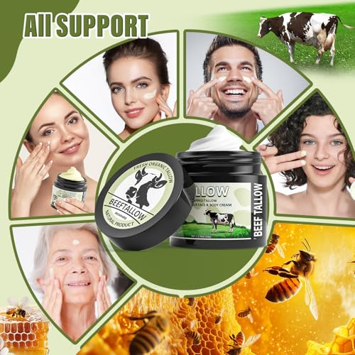 MINIBIRD Beef Tallow for Skin, Tallow and Honey Balm, 100% Organic Beef Tallow Blam Grass Fed Finished Whipped Tallow, Unscented Face Cream Moisturizer Body Lotion Skin Care for Sensitive