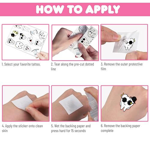 96 PCS Cute First Milk Tooth Dental Dentist Pre-Cut Temporary Tattoos for Kids Birthday Themed Party Supplies Decorations Favors Fairy Teeth Tattoo Stickers Gifts for Baby Girls Boys Rewards
