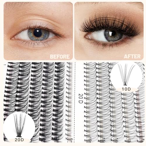 Bodermincer Lash Extension 240pcs C Curl 10D/20D Cluster 8/9/10/11/12mm,10/11/12/13/14mm,12/13/14/15/16mm Mixed Individual Cluster Lashes (10D+20D 12/13/14/15/16mm and Under Eyelashes)