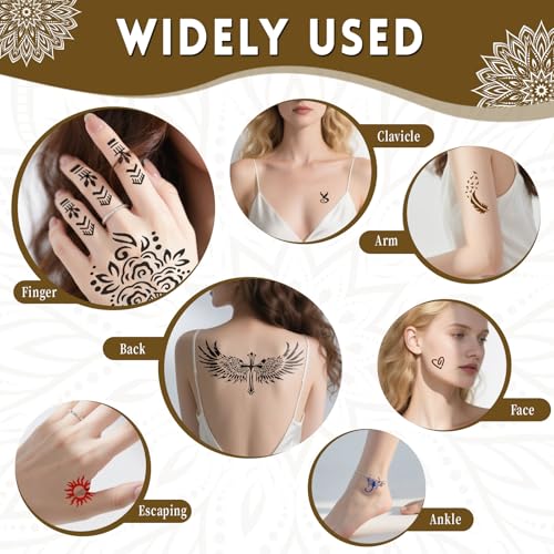 Temporary Tattoo Stencil Kit, 4 Pcs Tattoo Cones 4 Color (Black/Maroon/Cherry Red/Blue) 44 Tattoos Templates and Cotton Swabs, DIY Body Art Skin Painting Designs for Valentine's Gifts