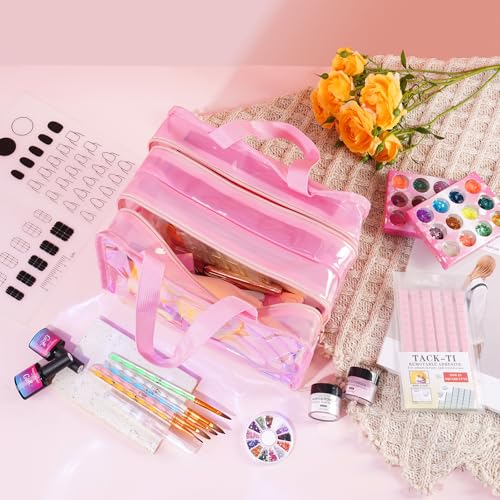 Nail Kit for Beginners with Everything: Practice Hand Acrylic Nail Kits Professional U/V Lamp Powder Drill Liquid Starter Set with Gel Polish in Cosmetic Gift Bag for Women Salon Home(Holo Pink)