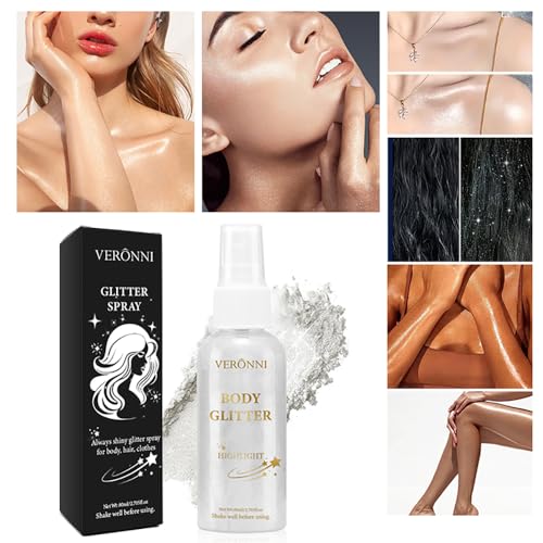 Body Glitter Spray for Face Hair Body, Silver White Body Shimmer Spray Sparkle Powder, Long Lasting and Quick-Drying Highlight Glitter for Stage, Festival, Party and Makeup