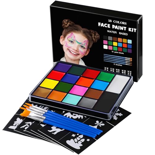 Face Painting Kit for Kids, 18 Colors Water Activated Face Paint with Brushes & Stencils, Non-Toxic Halloween Makeup Kit, Professional Face Body Paint for Halloween, Parties, Carnival, School Events