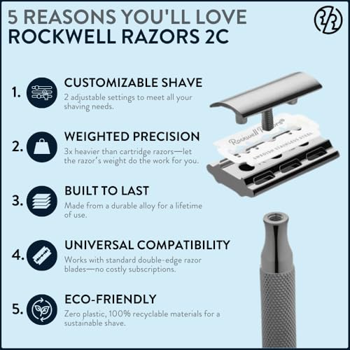 ROCKWELL RAZORS 2C Gunmetal Chrome Double Edge Safety Razor With Adjustable Shave Settings and 5 Fully Recyclable Razor Blades. Reusable Safety Razors for Men and Women