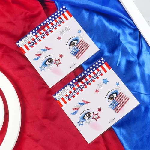 American Flag Stars Glitter Face Tattoo Jewelry, Independence Day Celebration Face Gems with Red Blue Flag Designs, Sparkle Glitter in Parades, Parties & More 2PCS (Style 3)