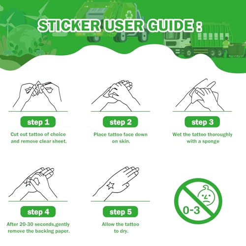 Garbage Trash Truck Temporary Tattoos - 8 Sheets 328 Pcs Trash Truck Birthday Decorations Green Recycling Rubbish Truck Party Favors Waste Management Tattoo Stickers for Kids Classroom Prizes Rewards