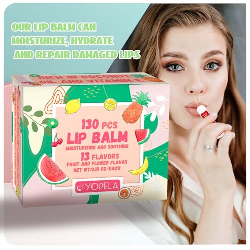 Yopela 130 Pack Natural Lip Balm Bulk with Vitamin E and Coconut Oil - Moisturizing, Soothing, and Repairing Dry and Chapped Lips - 13 Flavors Valentine's Gift - Non-GMO 0.15 Oz