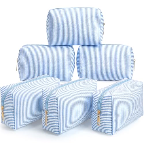 Sanwuta 6 Pcs Seersucker Cosmetic Bags Bulk Seersucker Makeup Bags Stripe Women Pouch Large Preppy Storage Pouch Toiletry Travel Organizer for Wedding Bridesmaid Bride Favor Mom Gift (Blue)