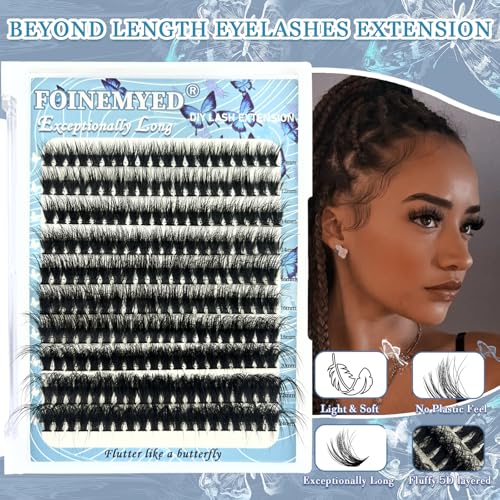 Lash Clusters 10-24mm Extra Long Thick 200D Cluster Eyelash Extensions 200pcs Volume D Curly Wispy Individual Lashes Plant Fibers False Eyelashes DIY Lash Extension for Beginners, by FOINEMYED