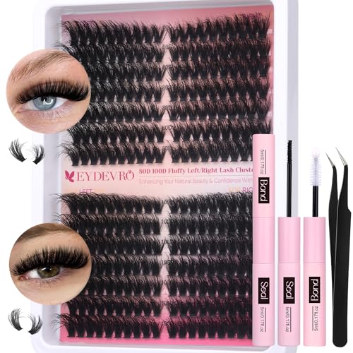 EYDEVRO Fluffy Lash Clusters Kit 80D100D Volume Lash Extension Kit 280 Pcs Left/Right Cluster Eyelash Extension Kit D Curl Thick Mega Lash Clusters with Waterproof Lash Bond and Seal and Lash Tweezers