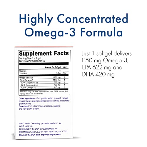 WHC, UnoCardio X2 Fish Oil, Triglyceride Omega-3 Fatty acids, 1270 mg Fish Oil Supplement (622 mg EPA / 420 mg DHA/Total 1150 mg of Omega-3 per Serving), Natural Orange, 60 softgels
