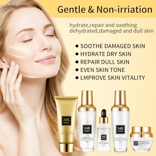 24K Gold Skincare Set 5 Piece,Moisturizing Face Skin Care Kit with Facial Cleanser,Face Serum,Face Cream,Face Lotion,Face Toner,24K Women Skincare Set For All Skin Types